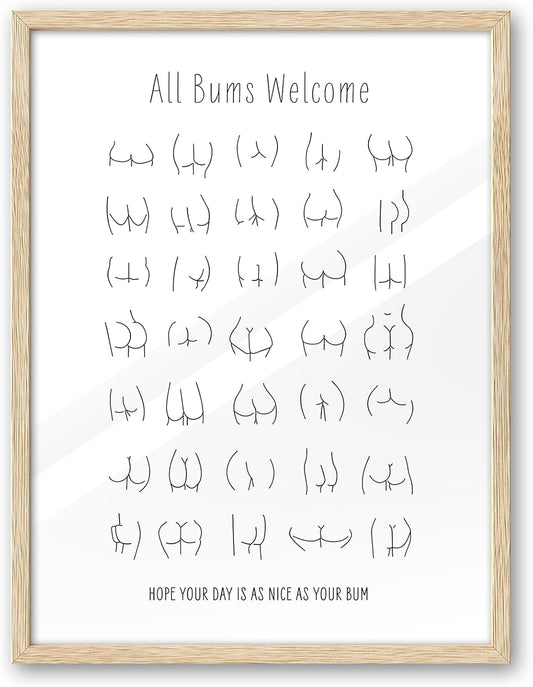 iHery Natural OAK Walnut Color Wood Nice Bum Framed Wall Art, 12x16in All Bums Are Welcome Cute Nice Butt Bathroom Wall Art, Canvas Funny Line Bathroom Sign Wall Decor For Toilet Set of 1 Gift