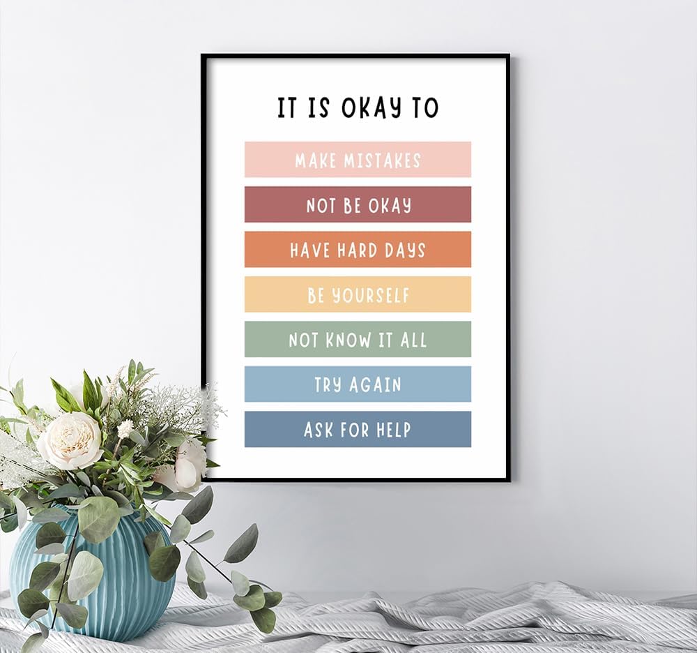 uoyien Growth Mindset Mental Health Posters Boho Classroom Playroom Therapy Wall Decor Affirmations Quotes Canvas Wall Art Kids Educational Prints For Calming Corner Decoration 16x24in Metal Framed