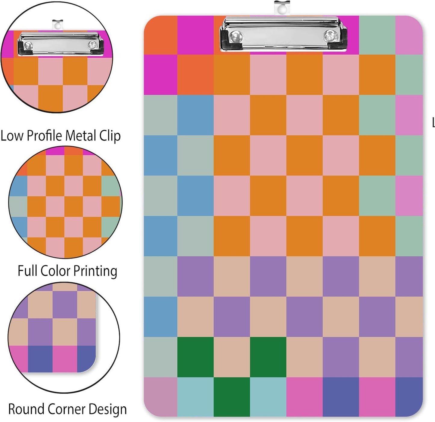 Fashion A4 Clipboard, Standard Letter Size 9" x 12.5", Decorative Wooden Clipboard with Low Profile Metal Clip for Office, School, Teachers, and Students, Colorful Checkered