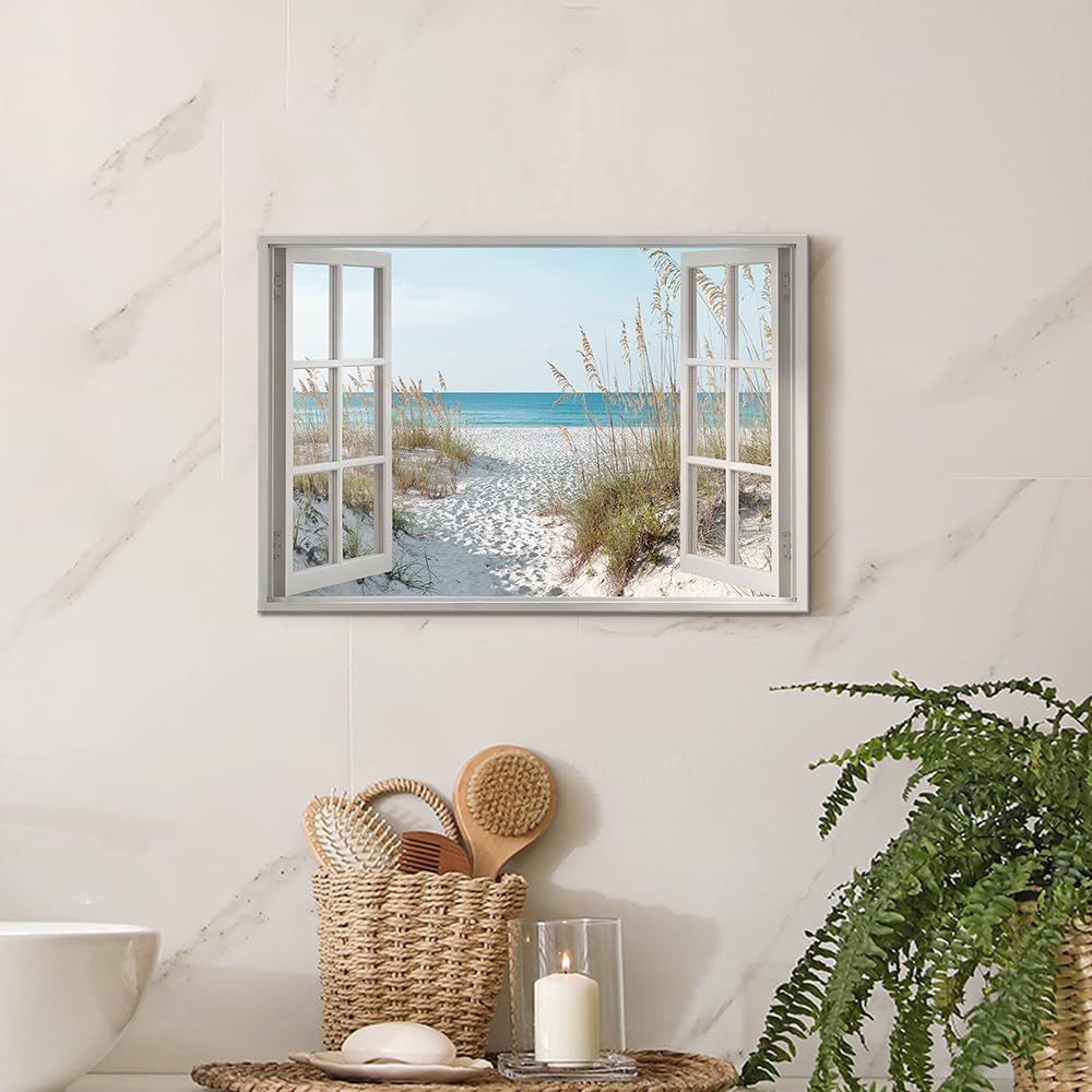 beach wall art window picture: coastal canvas artwork seascape scene prints looking out fake window wall decor for bathroom 12"x16"