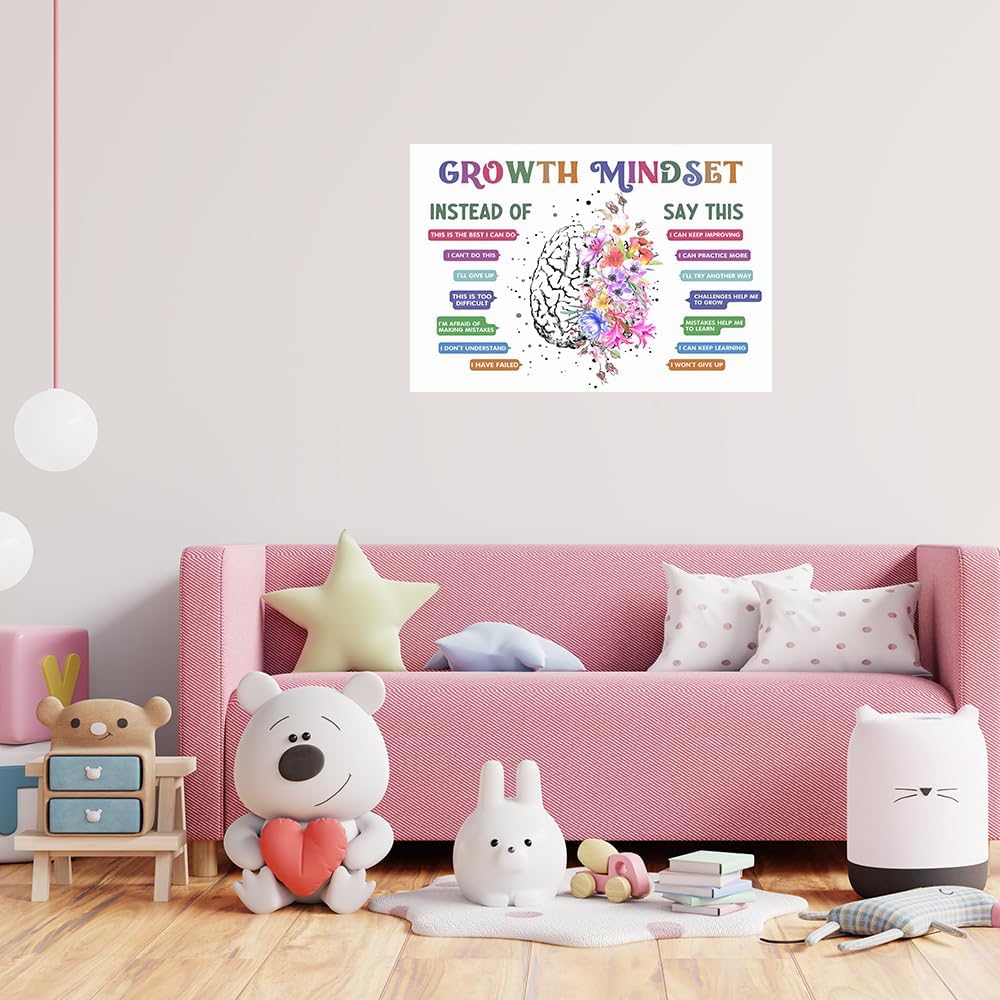 uoyien Classroom Growth Mindset Affirmations for Kids Mental Health Posters Brain Poster Psychology Special Education Calm Corner Wall Art Office Therapy Canvas Wall Decor Prints 16x24in Unframed