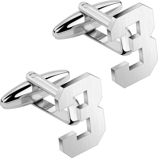 AMITER Mens Cufflinks with Number, Classic Silver Personalized Cuff Links for Men, Sport’s Day Casual or Formal Shirts