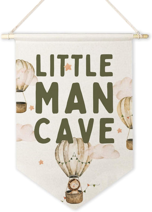 ArtisaEura Little Man Cave Wall Canvas Banners, Hot Air Balloon Nursery Decor, Baby Animal Hanging Display Pennant Banner Flags, Nursery Wall Decor for Kids Boys Room Bedroom Playroom