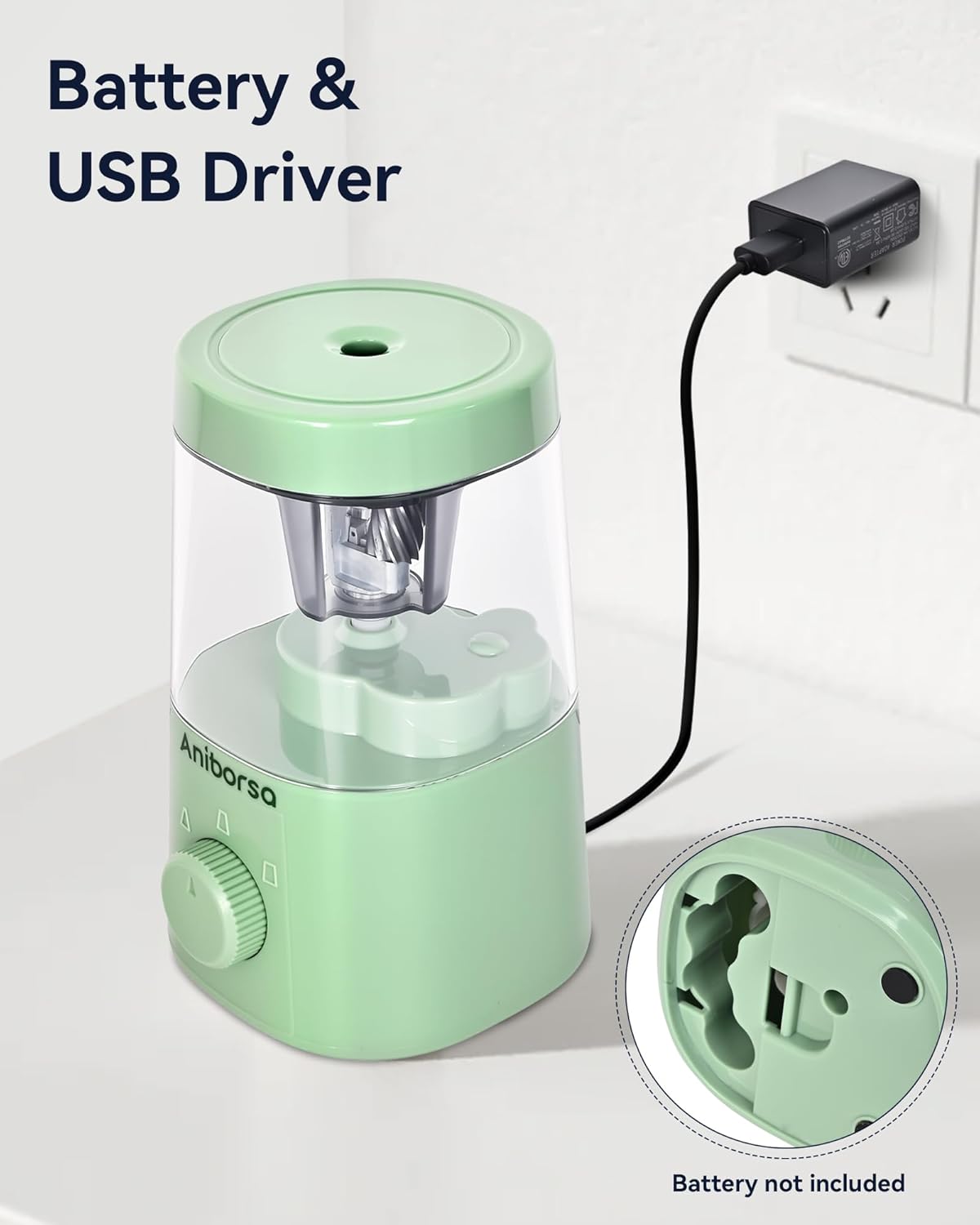 Electric Pencil Sharpener, Helical Blade Automatic Pencil Sharpener, Battery/USB Cord Operated Adjustable Sharpness for 6-8 mm Pencil, Classroom, School, Office, Home, Green