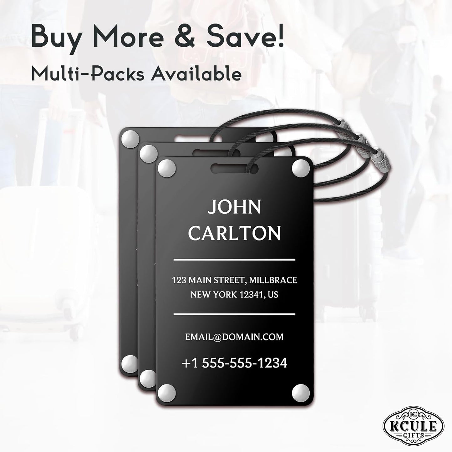 Personalized Luggage Tags for Suitcases - Aluminum Custom Luggage Tags for Backpacks & Bags, Sturdy, Waterproof & Heavy Duty (Black/Card-Sized)