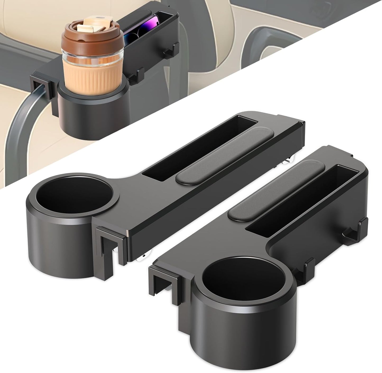 Golf Cart Armrest with Cup Holder - Universal Fit for EZGO/Club Car/Yamaha Rear Seat, Fits 1”/1.25” Square Tube Frames, Durable ABS Construction, Phone Holder, No Drilling