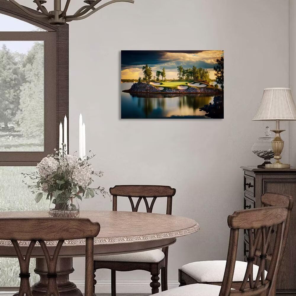 chenchenArt Sunset Landscape Golf Course Wall Art Picture Golf Course Wall Decor for Living Room Bedroom Bathroom Home Decorations Canvas Prints Framed Ready to Hang(18''H x 24''W)