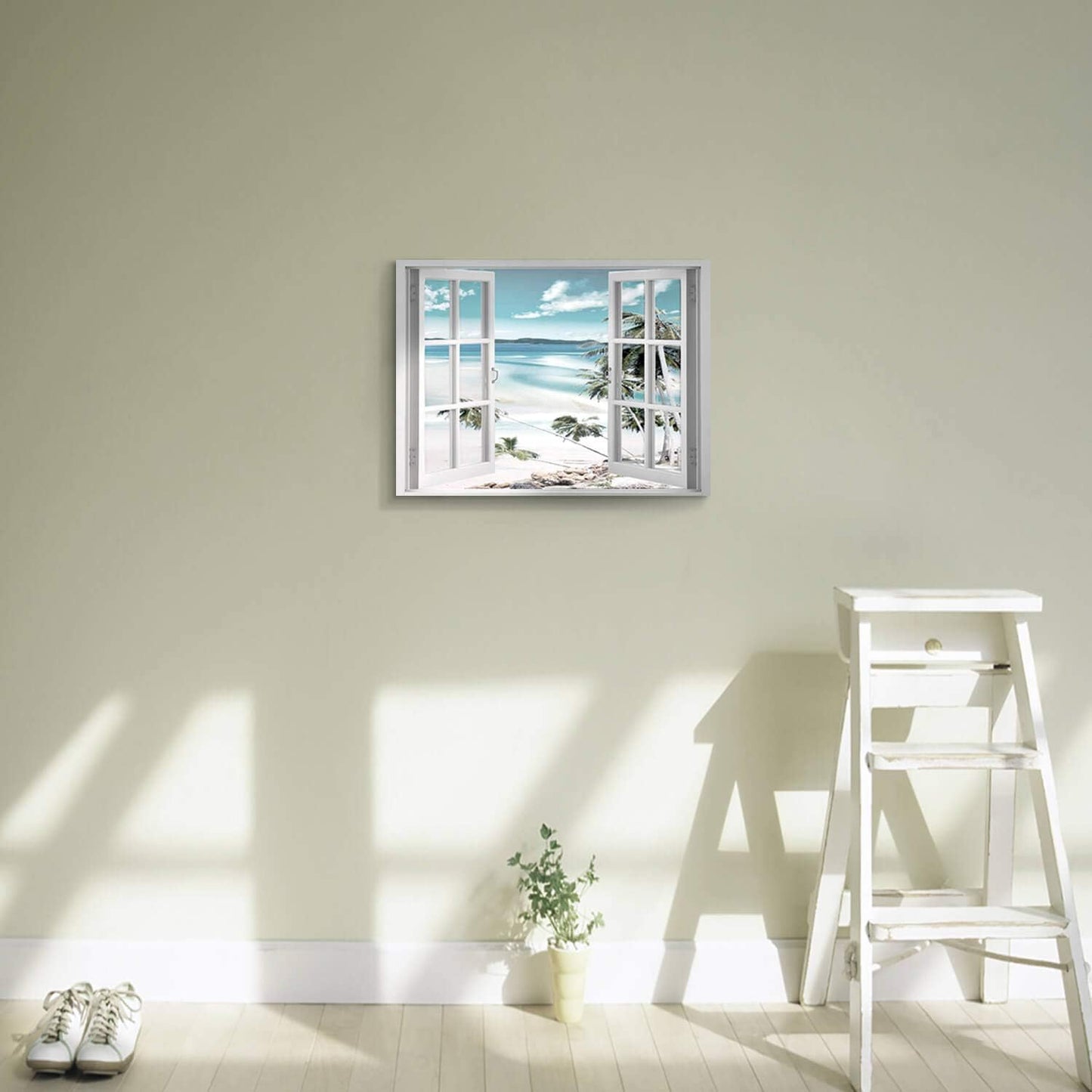 Open Windows Canvas Wall Art: Beach Coastal Palm Graphic Artwork Print on Wrapped Canvas Small for Bedroom(16''x12'')