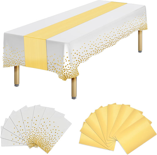 16 Packs Plastic Table Cloth Rectangle Table Runner, Disposable and Satin, White and Gold Tablecloth Cover for Birthday, Wedding, Anniversary, Christmas, New Year, Party Decorations