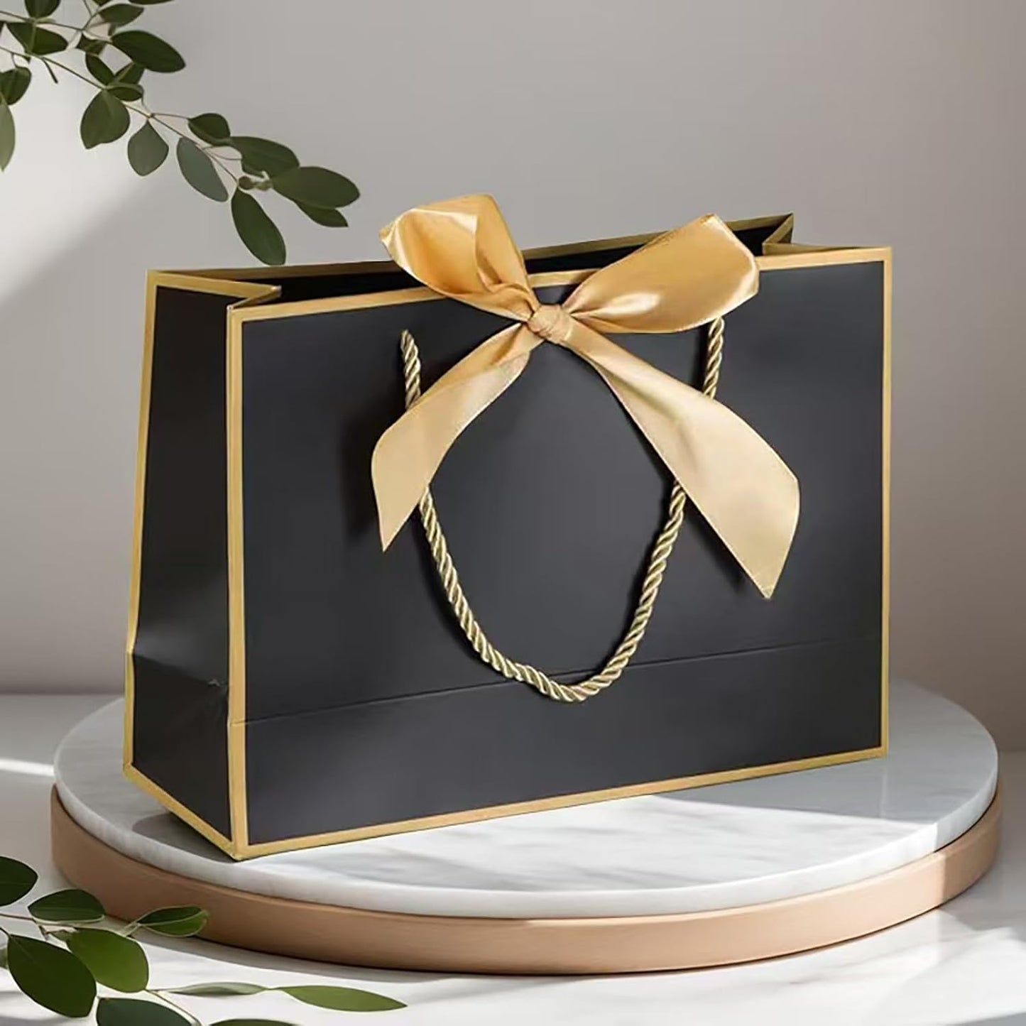 TKSBAG 12PCS Gift Bags Medium Size with Handles, 12.5 x 9.8 x 4.3 In Black Gold Thank You Bags with Bow Ribbon for Wedding, Birthday, bridesmaid, Groomsmen, Party Favors, Thanksgiving, Christmas