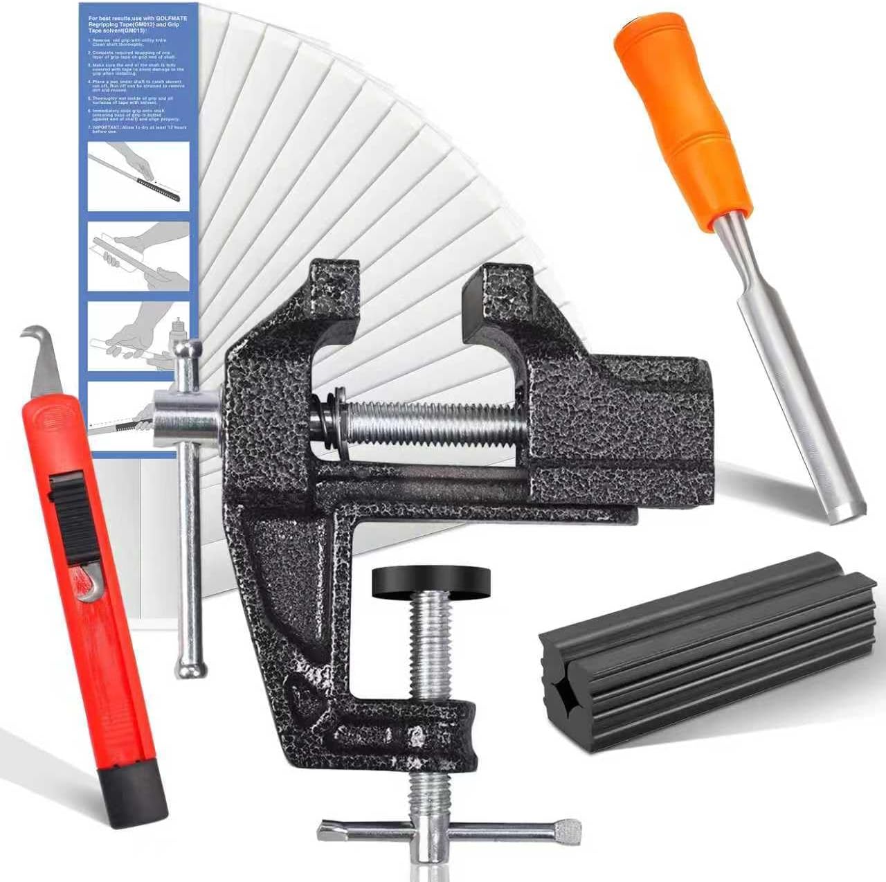 Golf Grip Regripping Kit for Home Use | Includes Retractable Hook Blade, 15 Grip Tape, Grip Tape Remover, Portable Table Vise & Rubber Clamp | Quick Repair Solution Set