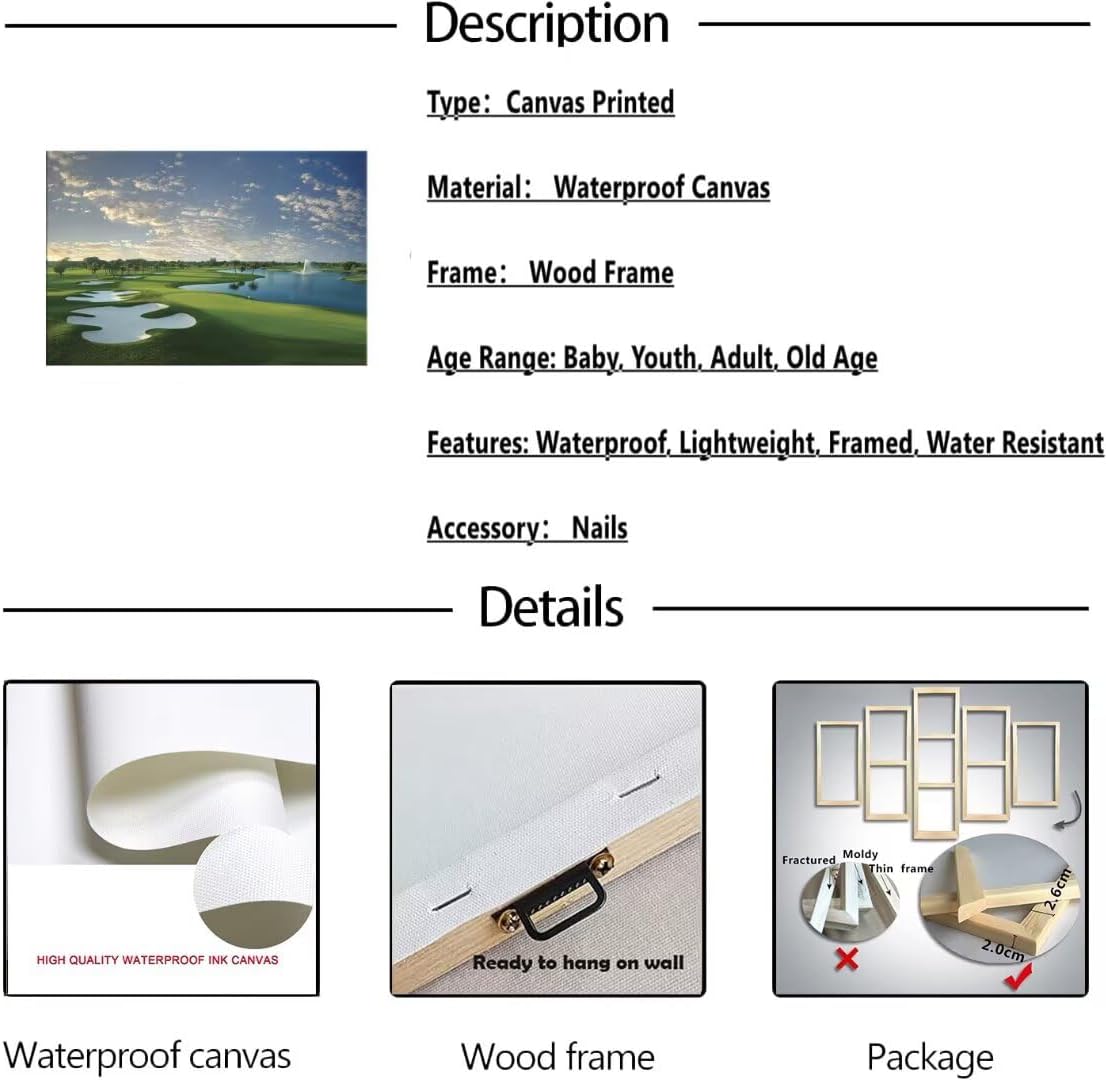 Blue Monster Golf Course Canvas Wall Art for Living Room Bedroom Bathroom Home Decorations Paintings Golf Course Picture Poster Framed Artwork Ready to Hang(12''H x 16''W)