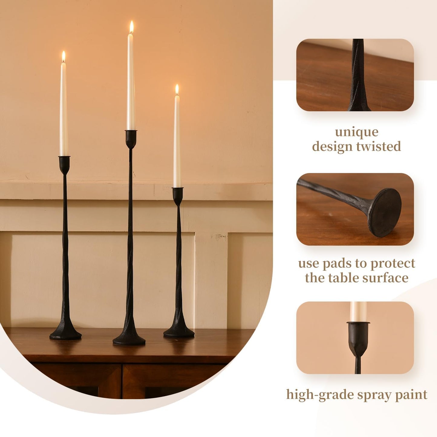 Iron Black Candlestick Holders, Set of 3 Candle Stick Holders,Fits 3/4 inch Thick Candle&Led Candles, Vintage Modern Decorative Centerpiece for Dining Table Centerpiece, Wedding, Party Decor