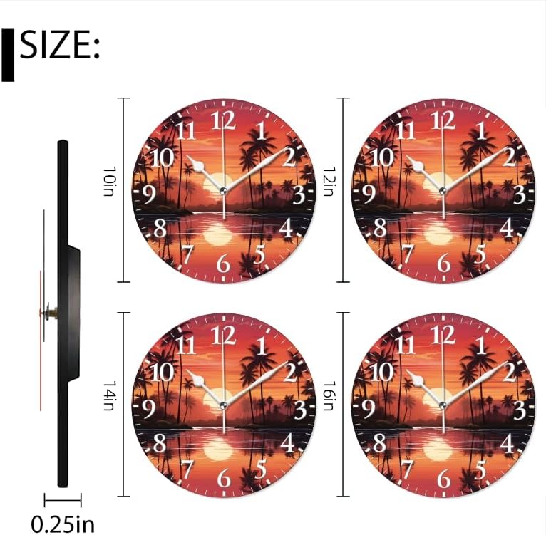 Sunset Wall Clock Non-Ticking Silent Clocks Battery Operated Analog Decor Clock for Home-Sunset with Palm Trees and Reflections On The Water(14inch)