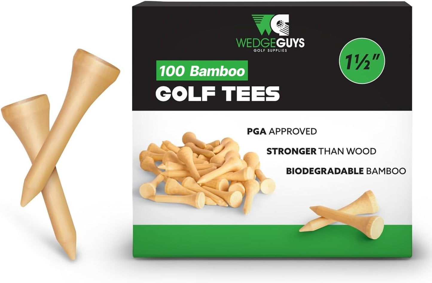 Wedge Guys Bamboo Golf Tees 1-1/2" | 100 pcs. | Extra Durable & Stronger Than Wood Tees | Biodegradable & Less Friction | PGA Professional Approved, Golf Tees Bulk Bag
