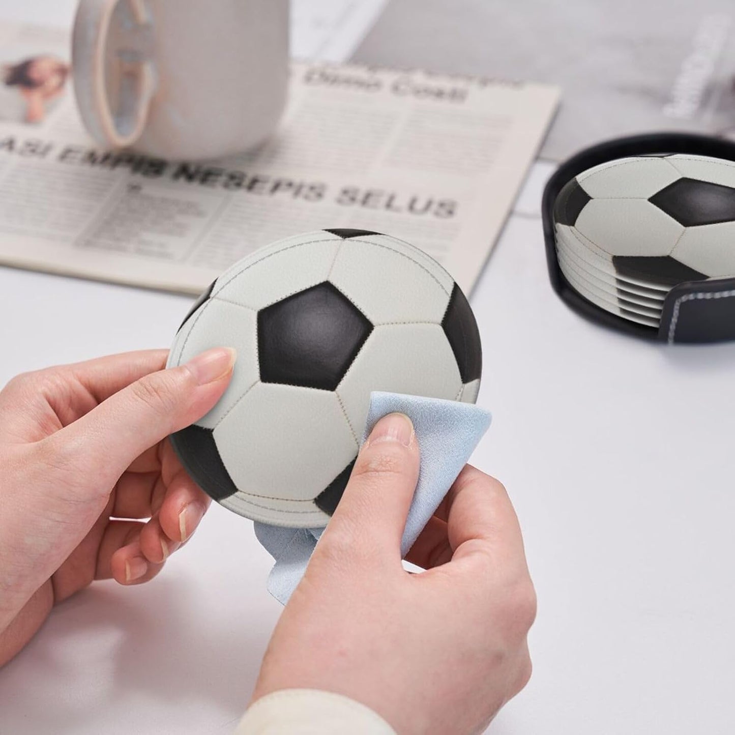 6 Pcs Soccer Drink Coasters with Holder Coasters for Drinks Coffee Table Home Decor Housewarming Gift
