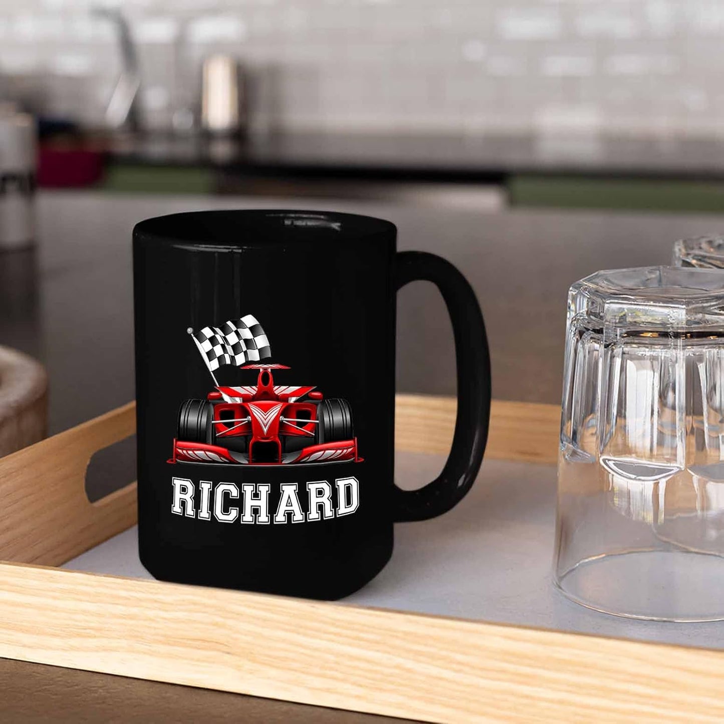 Personalized Car Racing Coffee Mug 11 Oz 15 Oz, Customized Black Ceramic Cup Gifts for Men Women Friend, Racer Travel Mug, Racing Lover Best Drag Gift