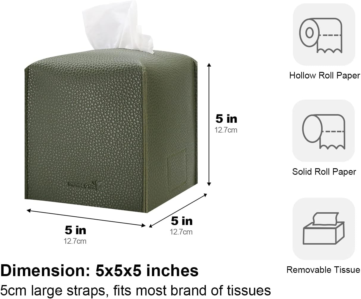Tissue Box Cover 5X5X5'' PU Leather Tissue Holder Square Tissue Cube Box Organizer for Bathroom Vanity Countertop, Car, Night Stands, Office, Home, Kitchen (1Pack, Dark Green)