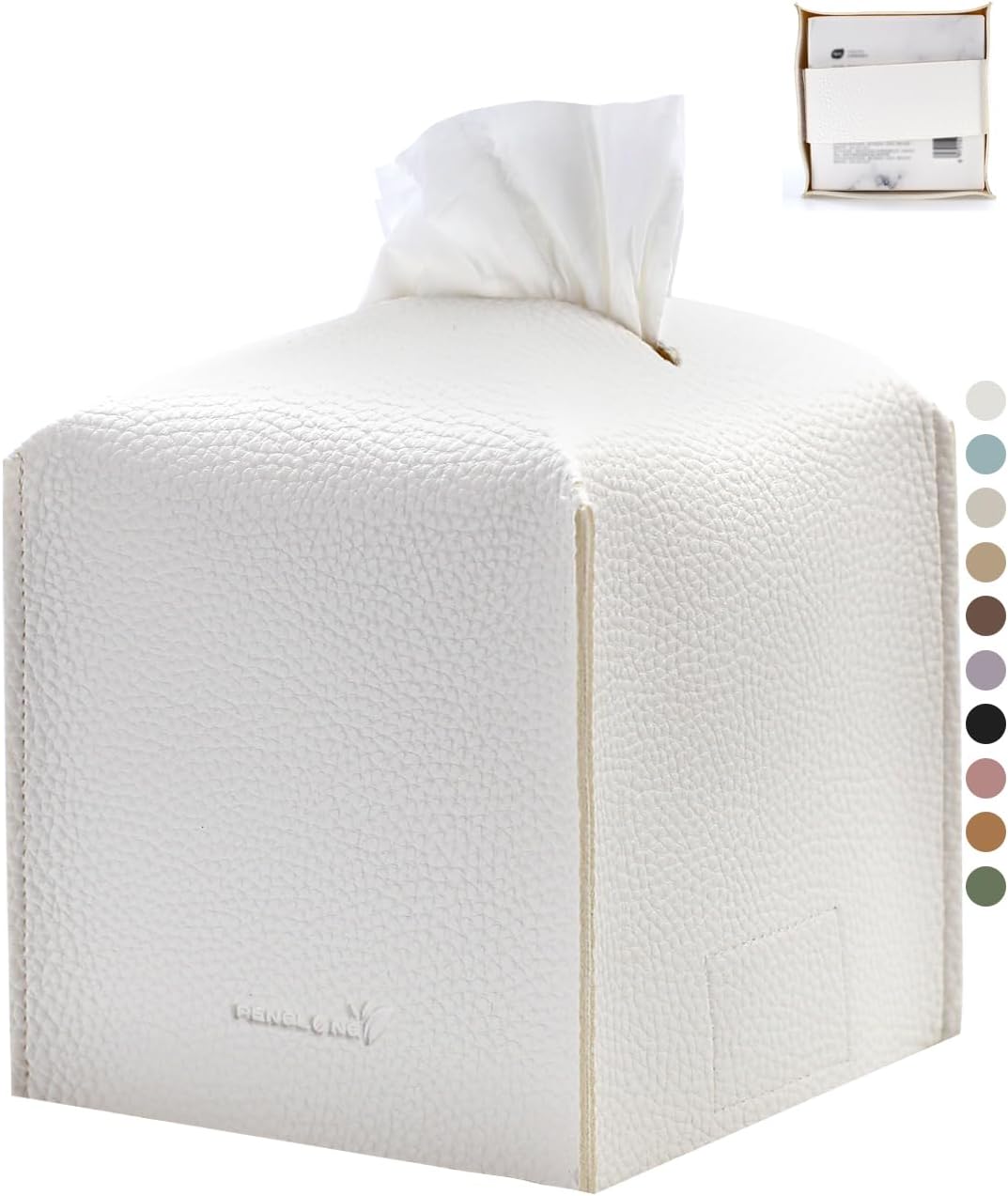 Tissue Box Cover 5X5X5'' PU Leather Tissue Holder Square Tissue Cube Box Organizer for Bathroom Vanity Countertop, Car, Night Stands, Office, Home, Kitchen (1Pack, White)