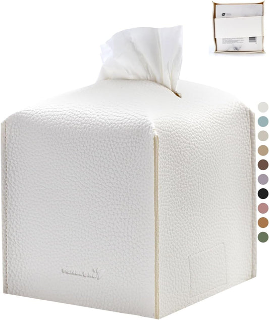 Tissue Box Cover 5X5X5'' PU Leather Tissue Holder Square Tissue Cube Box Organizer for Bathroom Vanity Countertop, Car, Night Stands, Office, Home, Kitchen (1Pack, White)