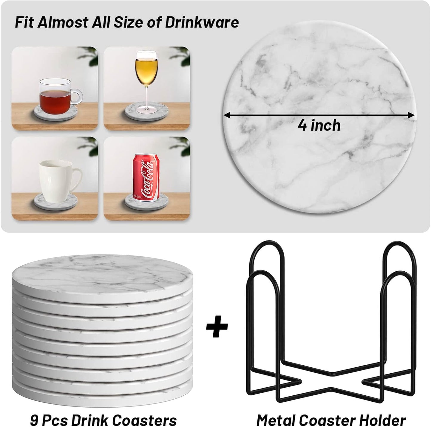 Billbotk 9 Pieces Ceramic Coasters for Drinks with Holder, Absorbent Drink Coasters for Coffee Table, Marble Style Coasters Wooden Table, Suitable for Kinds of Cups, 4 Inches