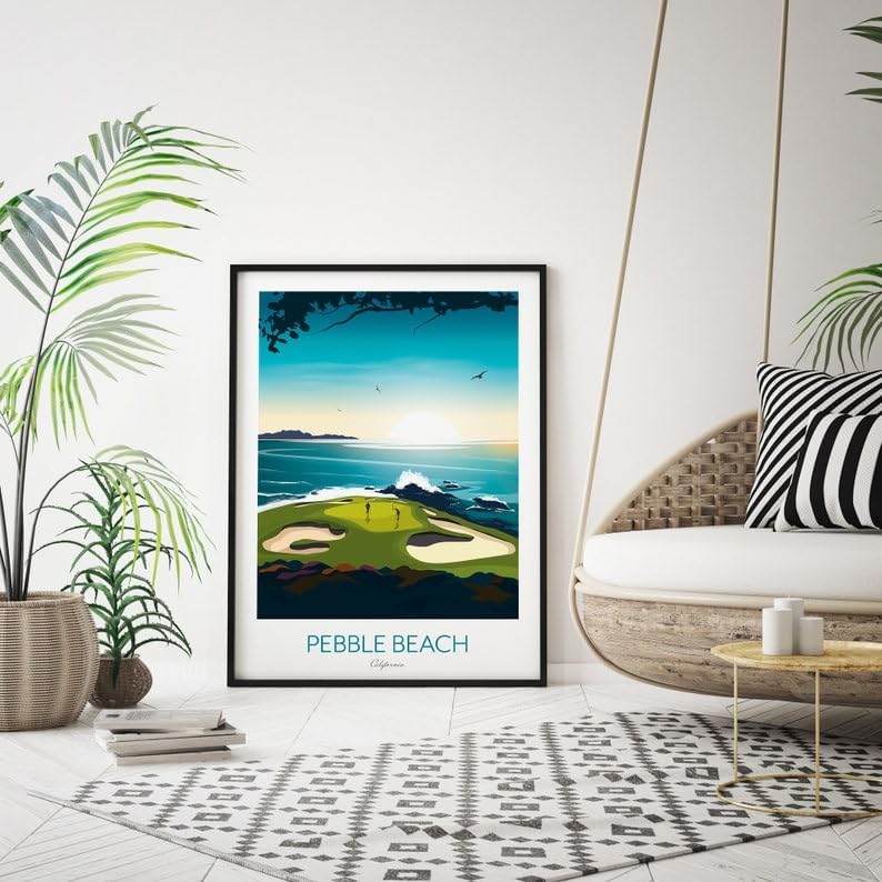 Golf Print - Pebble Beach California - US Open Golf Gift, Pebble Beach Golf Course Poster, California Golf Print, Coastal Golf Art, Golf Landscape Illustration, Sports Wall Decor. (Unframed) (27x40)