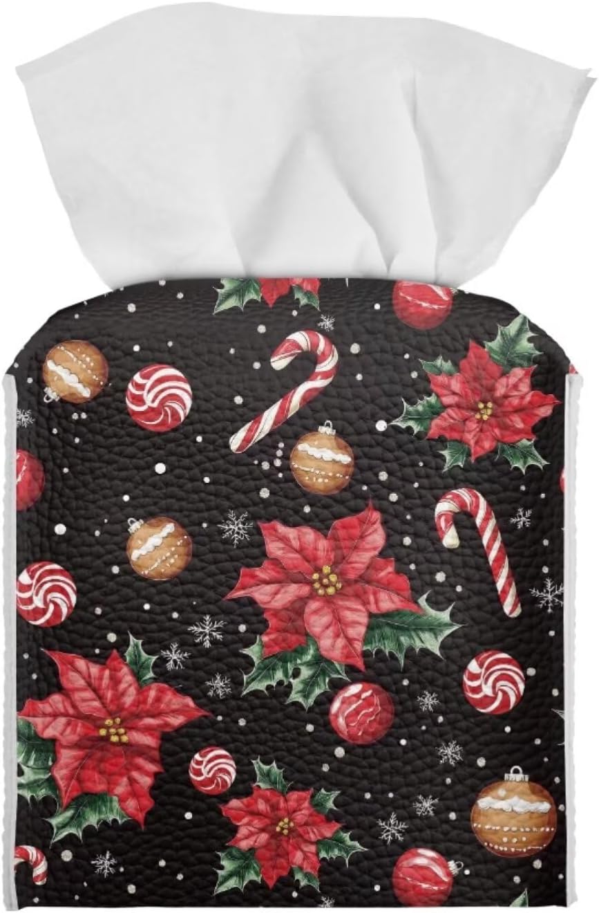 Christmas Tissue Box Cover Poinsettia Tissue Paper Box Leather Waterproof Napkin Dispenser Organizer Holder Holiday Home Facial Paper Dispenser for Office Bedroom Car