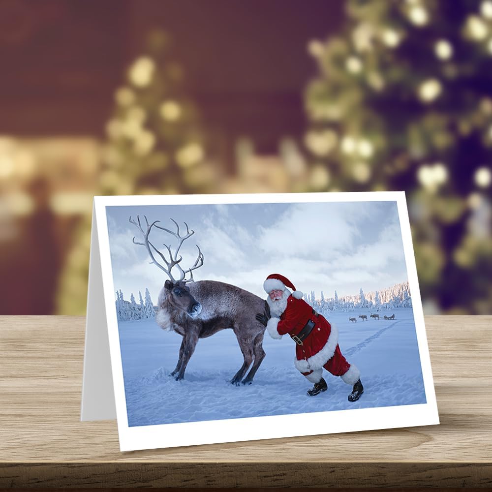 Photographic Christmas Cards, Santa Claus Pushing a Stubborn Reindeer (6 Cards with White Envelopes)