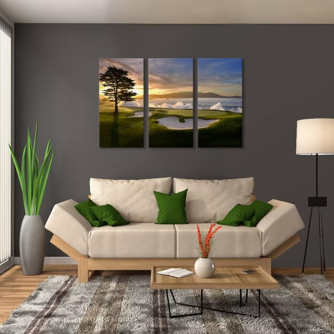 Pebble Beach Golf Course Wall Art Pictures Golf Wall Decor for Living Room Bedroom Home Decorations Golf Course Posters Framed Artwork Canvas Prints Ready to Hang(12''W x 24''H x3)