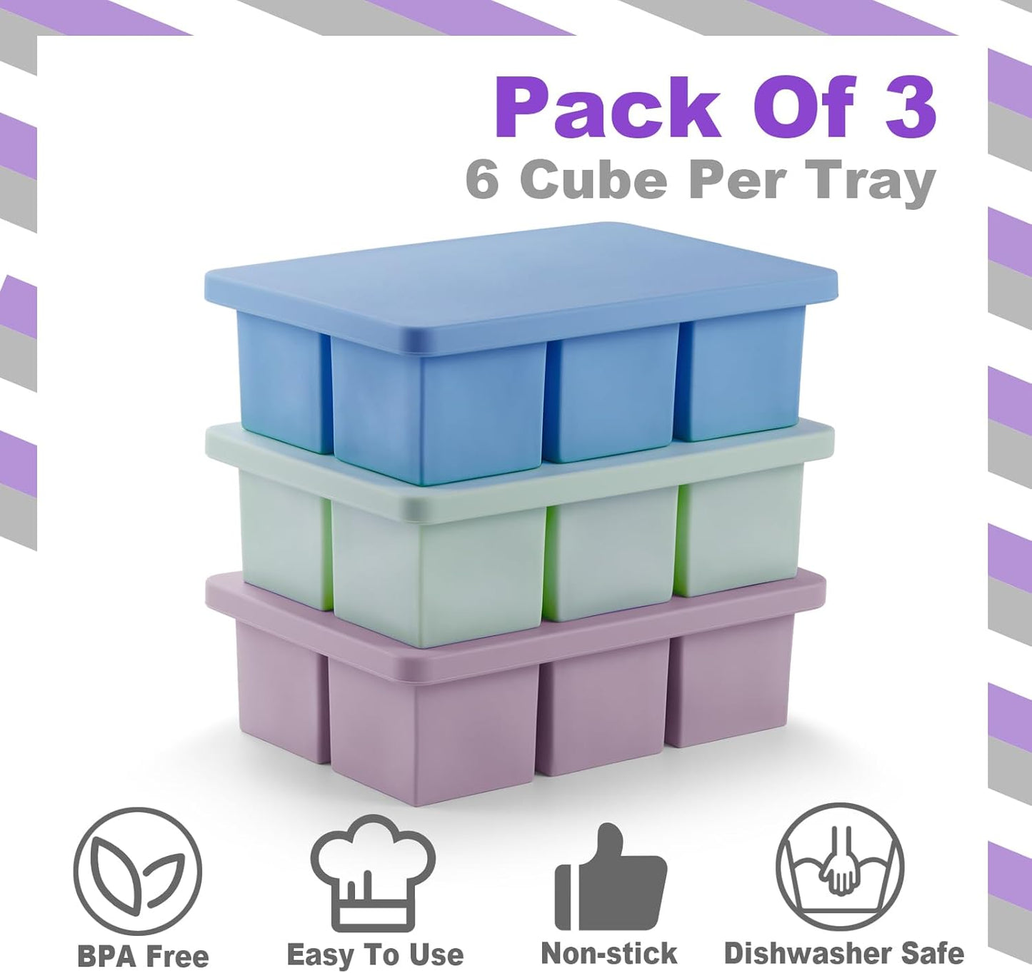 Nax Caki Ice Cube Trays 3 Pack - Large Size Silicone Ice Cube Molds(3 color) for Whiskey Ice Cube Maker for Cocktail Old Fashioned Ice Cube Tray