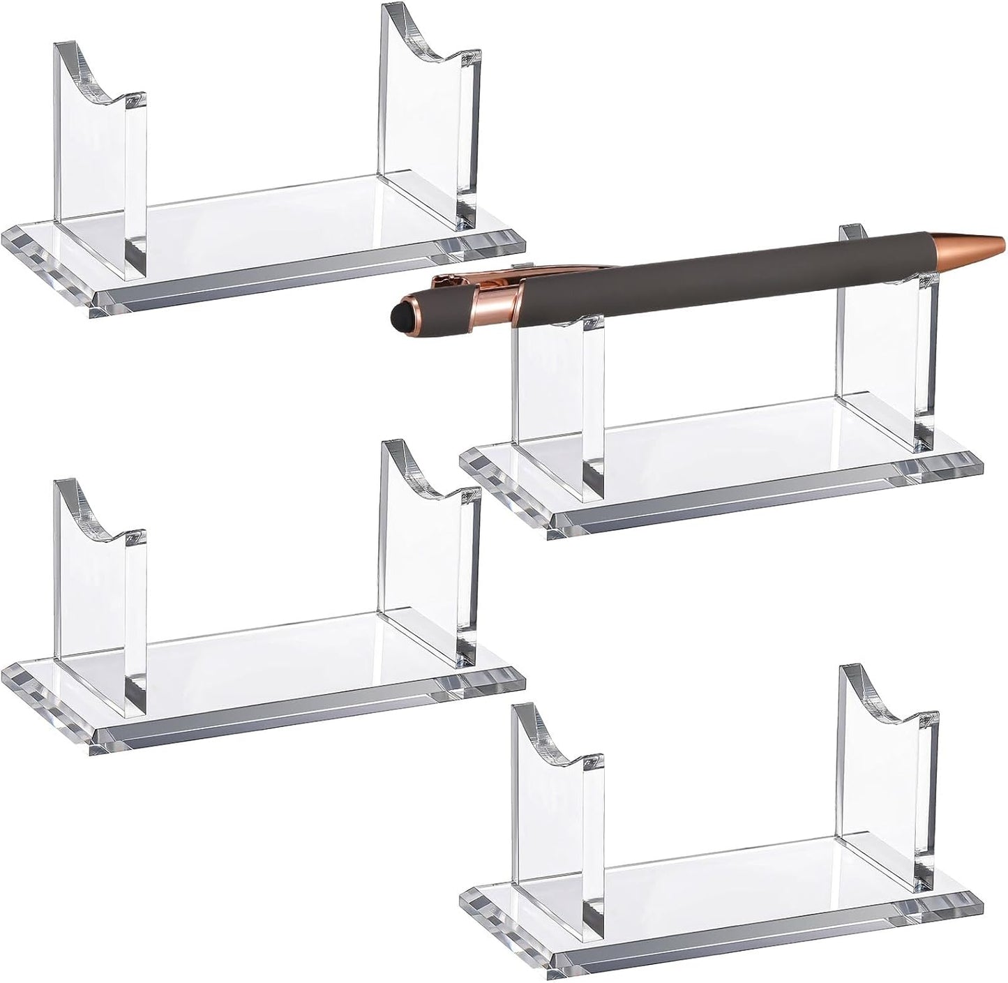 Eersida 4 Pcs Acrylic Pen Holder Display Stand Clear Fountain Pencil Makeup Brush Rack Plastic Horizontal Ballpoint Pen Display Organizer Desk for Home Office or Store Use