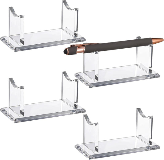 Eersida 4 Pcs Acrylic Pen Holder Display Stand Clear Fountain Pencil Makeup Brush Rack Plastic Horizontal Ballpoint Pen Display Organizer Desk for Home Office or Store Use