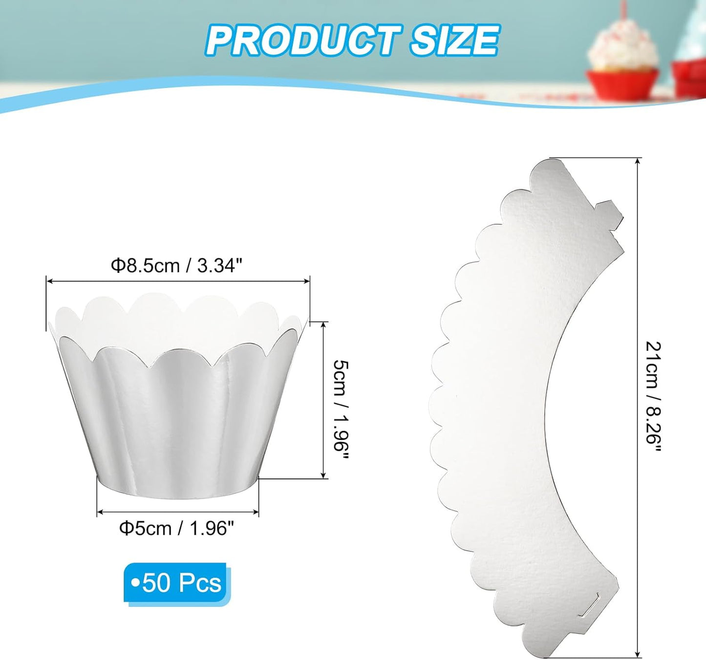PATIKIL Cupcake Wrappers Paper, 50 Pack Baking Cups Standard Wave Decoration for Anniversary Birthday Weddings and Parties, Reflective Silver