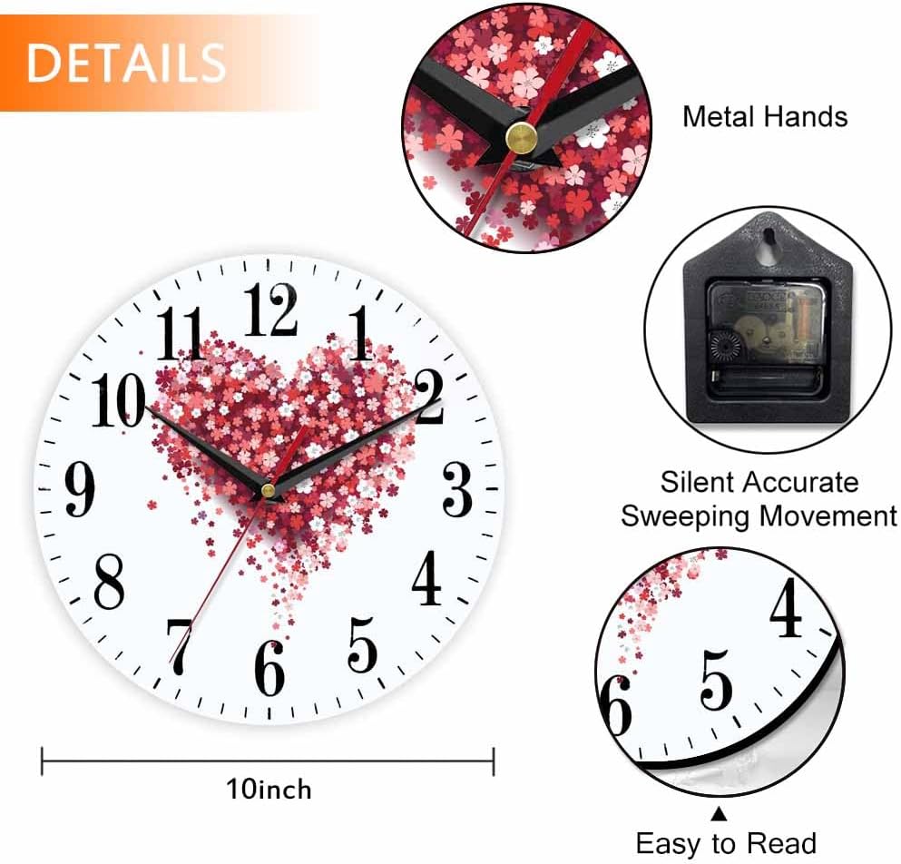 Mxocom Floral Love Heart Wall Clock Beautiful Romantic Red Pink Rose Peony Flower Petal 10 Inch Silent Non Ticking Battery Operated Clock Vintage Round Clock for Living Room Bedroom Bathroom Decor