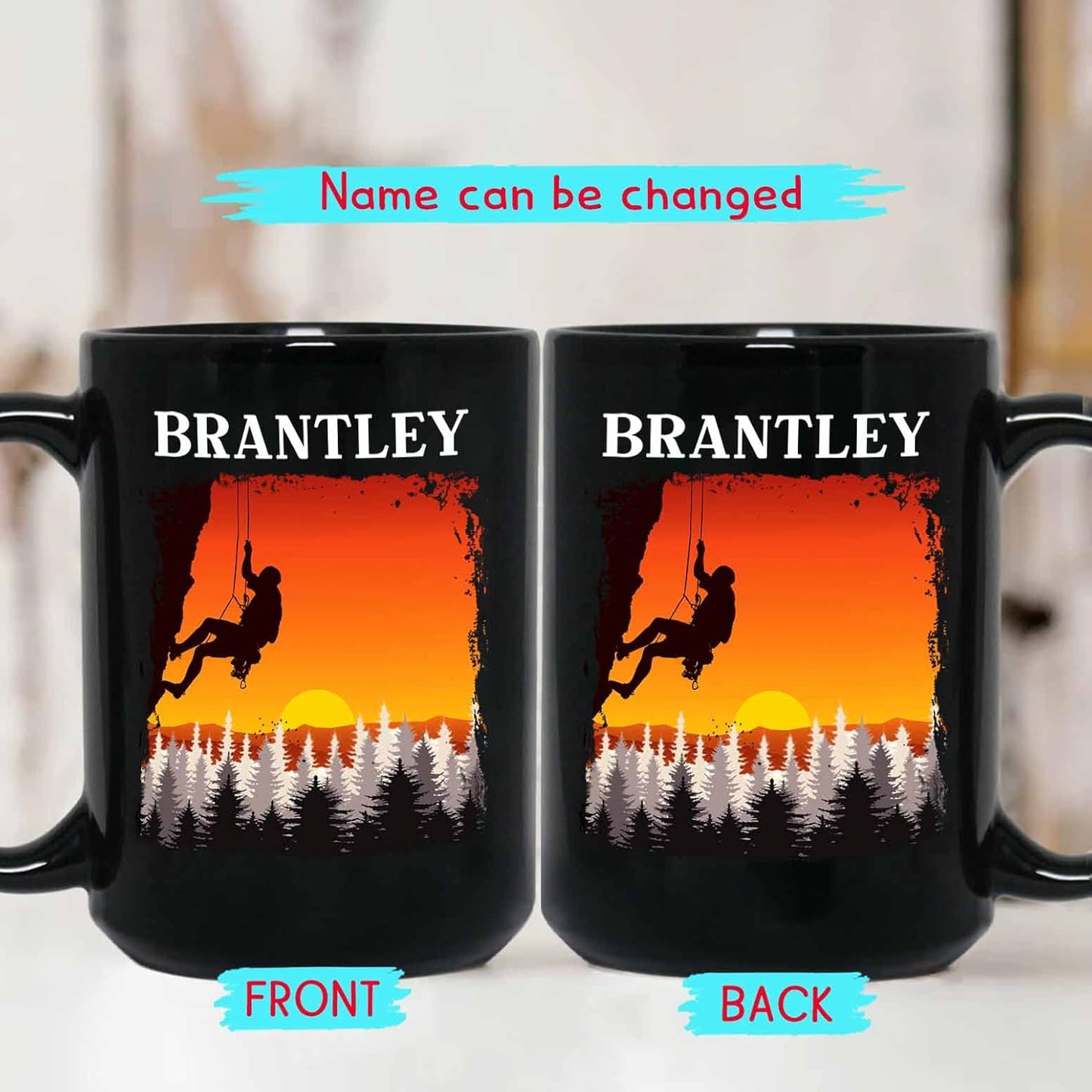 Personalized Custom Name Rock Climber Coffee Mugs & Travel Mugs, 11 Oz & 15 Oz, Black Ceramic, Perfect Gifts For Men & Women Climbing Lovers