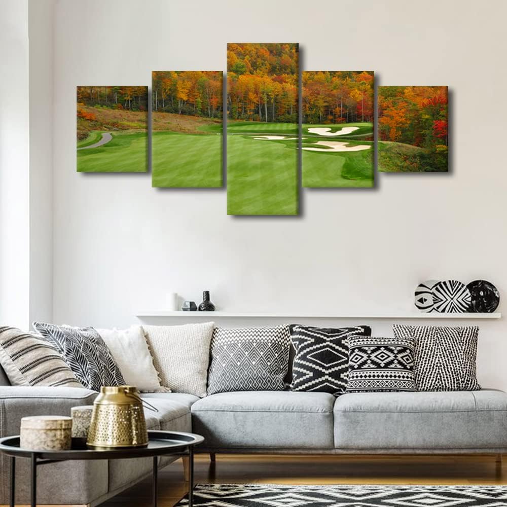 5 Piece Golf Course North Carolina Mountains Fall Nature Landscape Wall Art Office Wall Decor Pictures Paintings for Living Room Bedroom Canvas Prints Posters Framed Ready to Hang - 50"W x 24"H