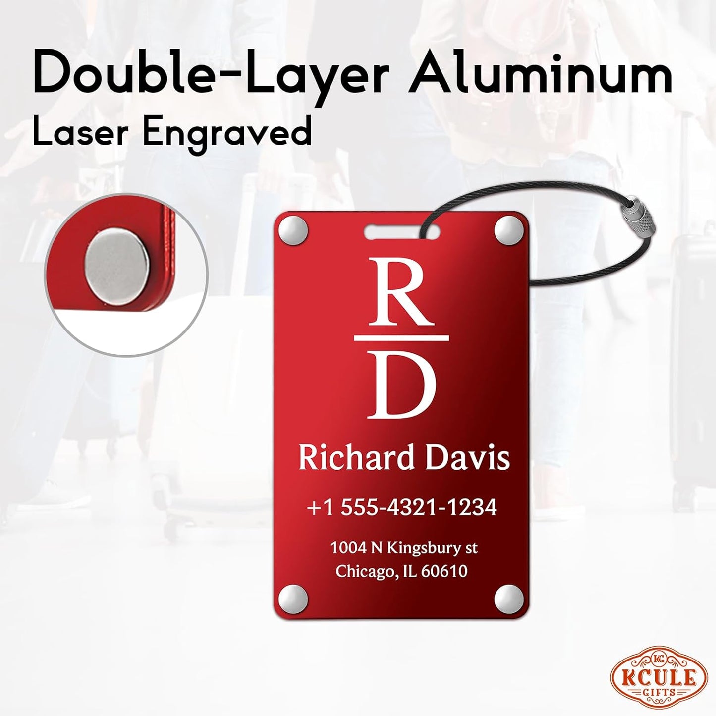 Personalized Luggage Tags for Suitcases - Monogram Style Aluminum Custom Luggage Tags for Backpacks & Bags, Sturdy, Waterproof & Heavy Duty (Red/Card-Sized)