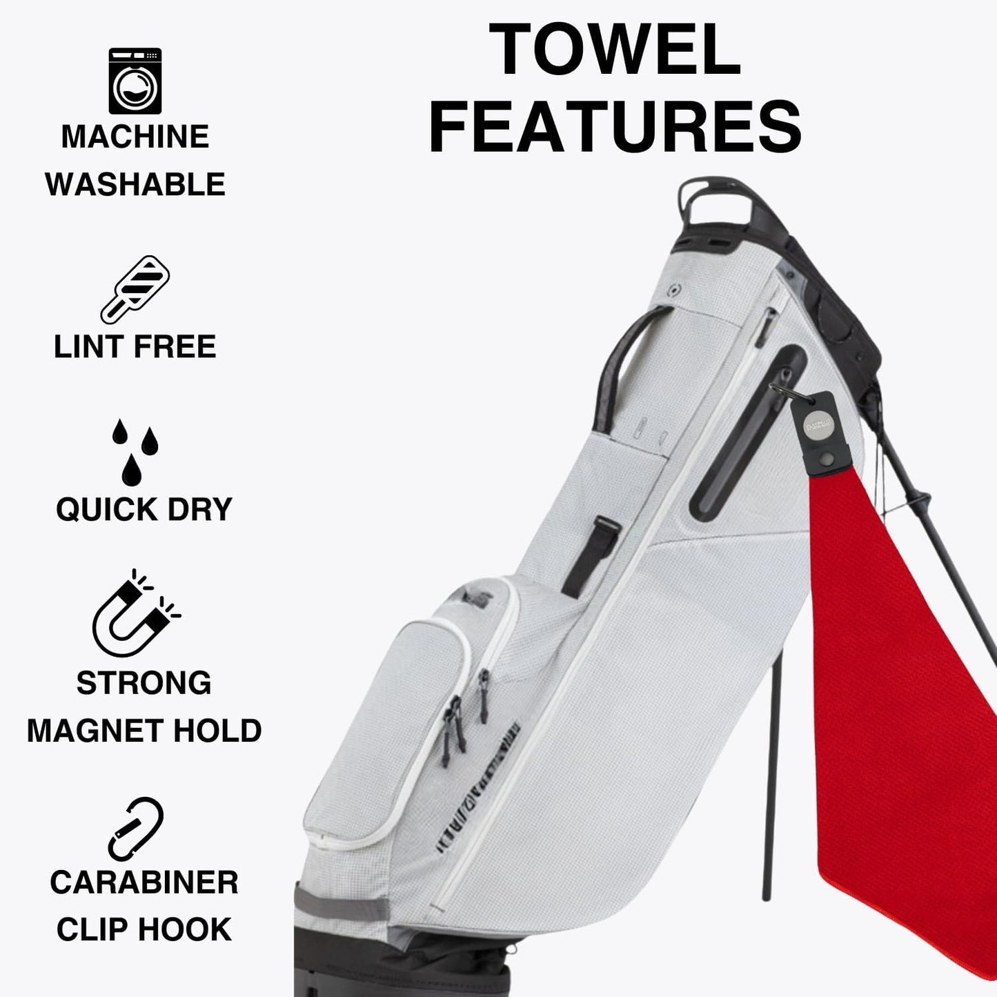Magnetic Golf Towels for Golf Bags with Clip & Ultra Strong Magnet - Waffle Weave Microfiber Towel for Secure Hold on Bags & Carts - Ideal Club Cleaner & Accessories - Red