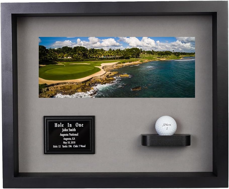 Hole in One Shadowbox and Golf Ball Display Case | Personalized Engraved Plate | Holds Golf Ball and Scorecard or Photo |4 Color Finishes | Wall Mounted (Horizontal, Black/Gray)