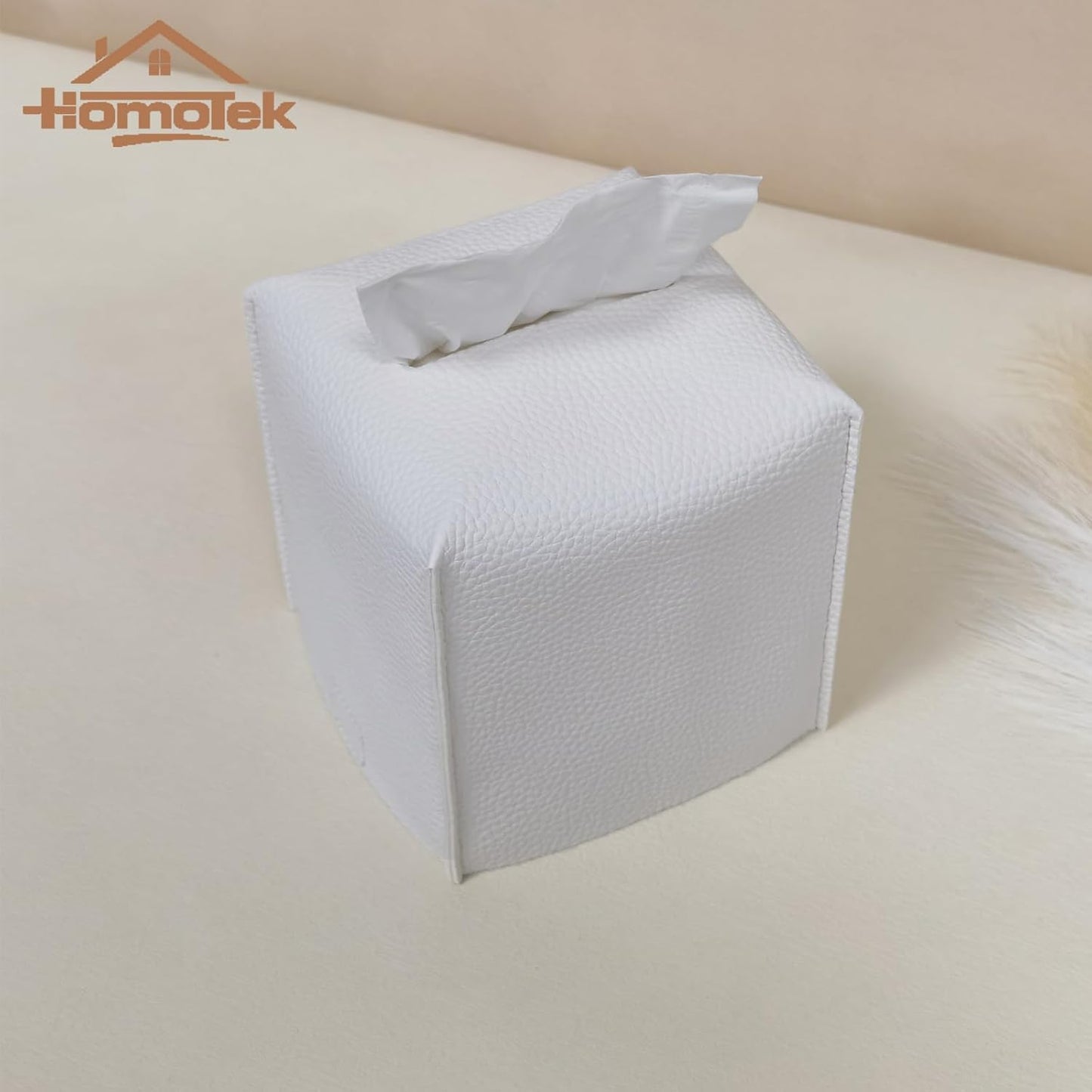 HOMOTEK 2 Pack Tissue Box Cover, Square PU Leather Tissue Holder, Decorative Facial Tissue Cube Paper Organizer Dispenser for Bathroom, Night Stands, Desk, Car 5X5X5'' - White, Pebble Grain