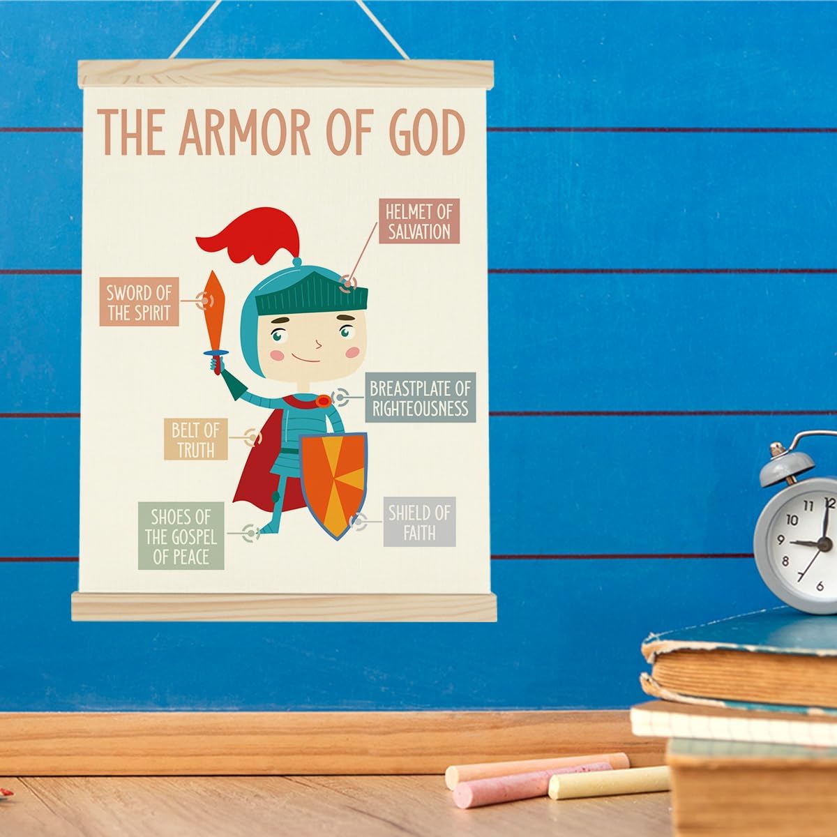WINGTECA Kids Scripture Poster Christian Boho Decor Hanger Frame Classroom Back to School Decorations The Armor of God Colorful Wall Hanging Banner Decor for Classroom Kids Room Preschool 12x16Inch