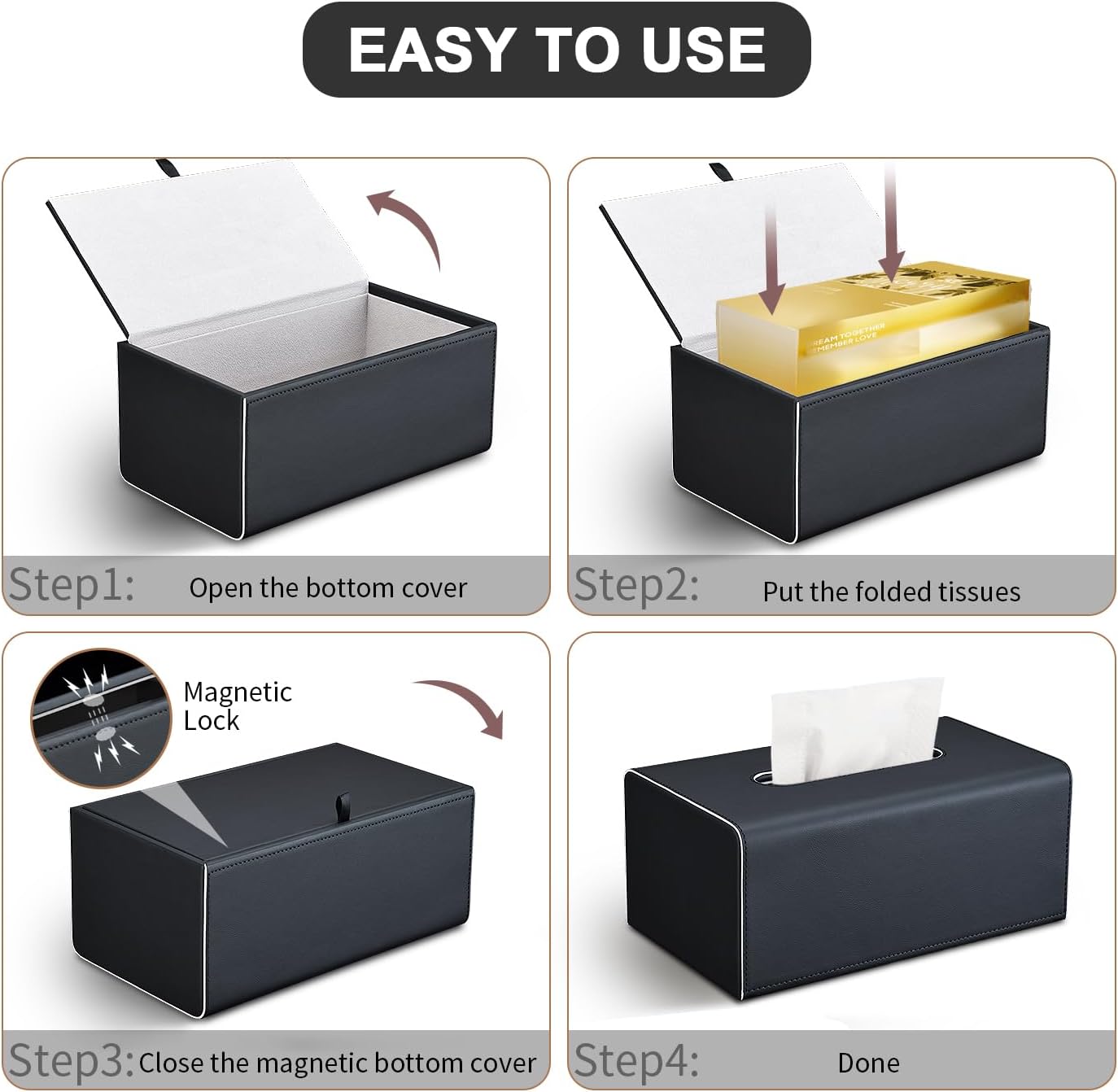 KINGFOM Tissue Box Cover, PU Leather Rectangular Tissue Box Holder with Magnetic Bottom Cover for Facial Tissues/Napkins, Office & Living Room Decor Box (Black)