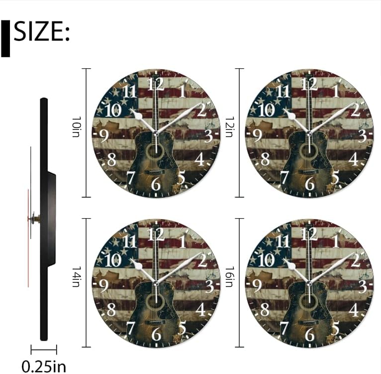 Guitar Wall Clock Non-Ticking Silent Clocks Battery Operated Analog Decor Clock for Home-Acoustic Guitar Leaning Against Old American Flag(14inch)