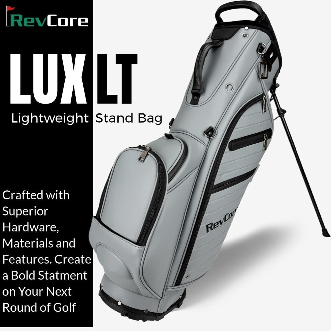 RevCore LT Lightweight Golf Stand Bag by CaddyDaddy – Premium Synthetic Leather Carry Golf Bag for Men & Women with 5-Way Divider, Cooler Pocket, Dual Strap – Golf Bag with Stand
