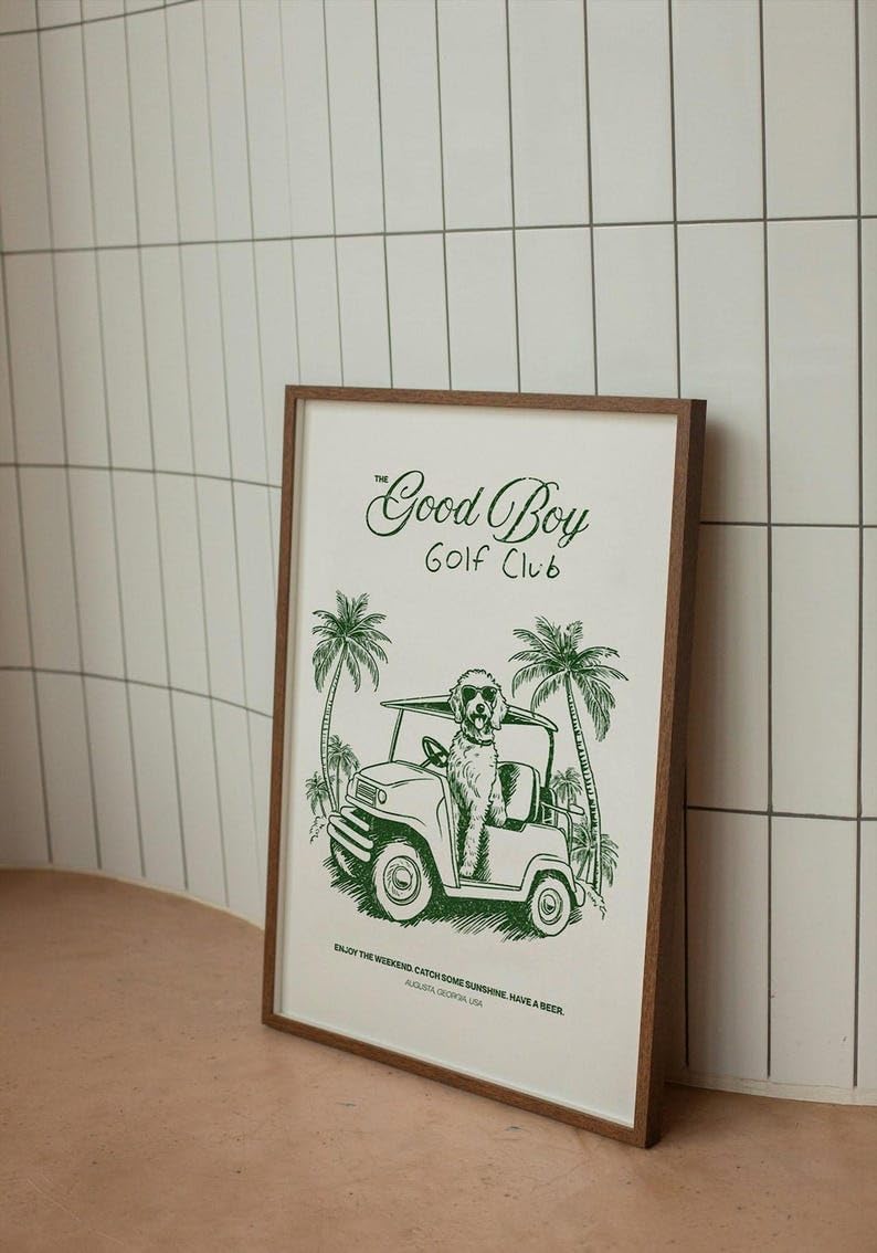 Nationcog Good Boy Golf Club Poster, Golden Doodle Dog Driving Golf Cart Print, Funny Retro Golf Wall Art, Perfect Golf Gift for Men, Dad, or Sports Enthusiasts (Unframed) (27x40)