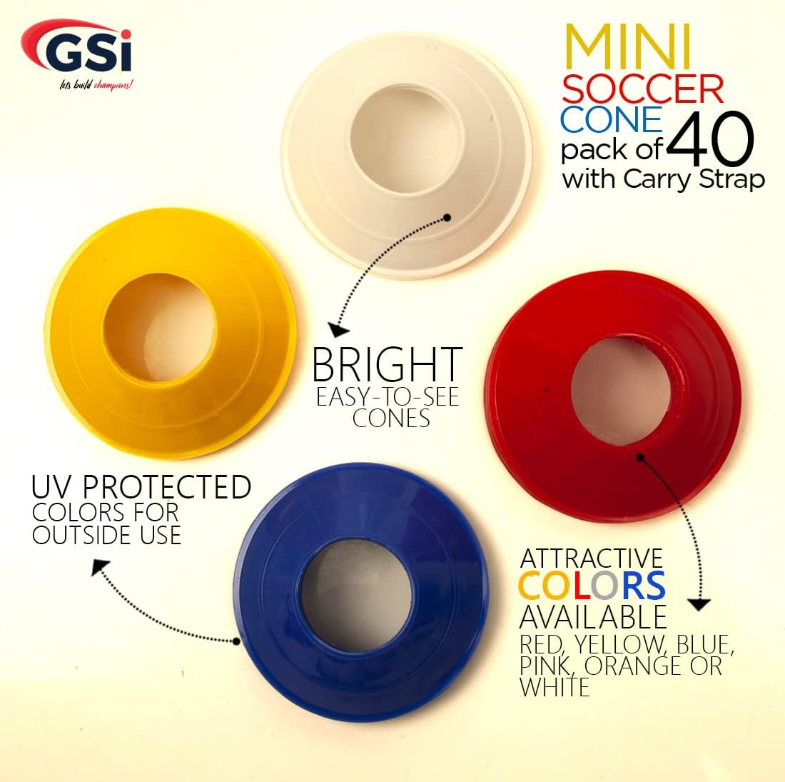 GSi Sports Cones | 40 Pack Training Cones with Strap for Agility Drills, Soccer, and Sports Practice and Shapes