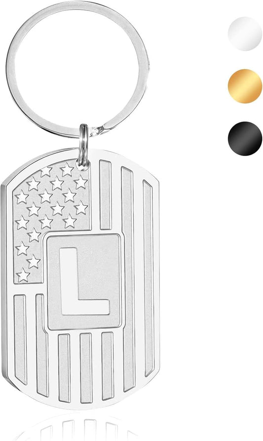 Initial Keychain Gifts for Men,A-Z Letter American Flag Dog Tag Stainless Steel Keychain,Mens Accessories Gift