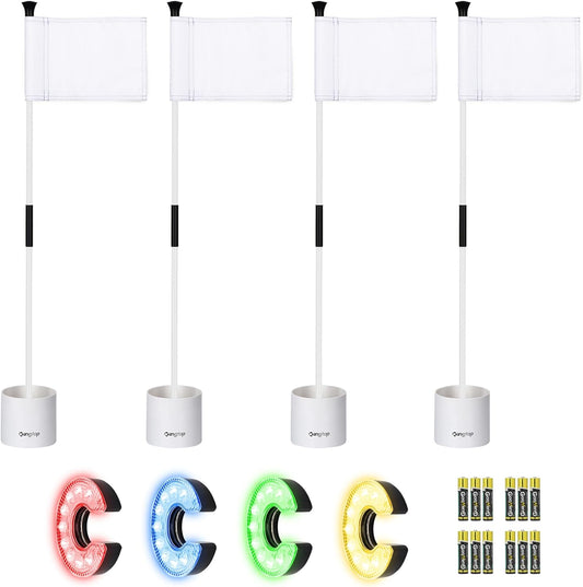 KINGTOP Mini Golf Flagstick with RGB Hole Light, Practice Putting Green Flags for Yard, Golf Pin Flag Hole Cup Set, Light Up Night Golf Party, 4-Pack