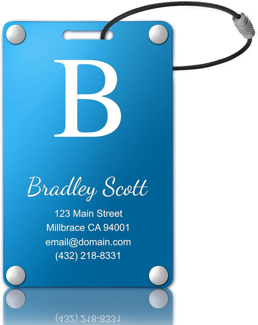 Personalized Luggage Tags: Custom Metal Luggage Tags for Suitcases, Backpacks and Bags with Your Personalized Text (Blue)