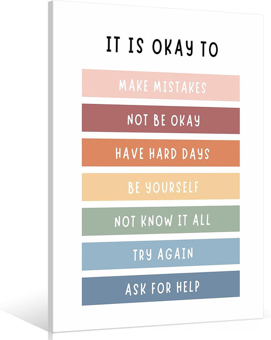 uoyien Growth Mindset Mental Health Posters Boho Classroom Playroom Therapy Wall Decor Affirmations Quotes Canvas Wall Art Kids Educational Prints For Calming Corner Decoration 12x16in Wood Framed